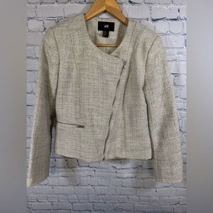 H&M Cream Gray Cropped Casual Classic Streetwear Chic Moto Blazer Size 10